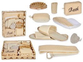 BERILO Panier en rotin carré avec 8 ustensiles de bain assortis, Marron