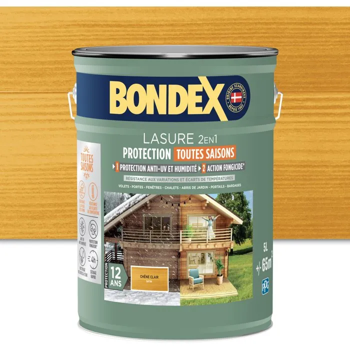 Bondex Lasure Bois Exterieur 2 en 1 5L - Chene Clair Satin - Protection Longue Duree 12 Ans Toutes Saisons - Haute Resistance UV, Eau, Humidite - Rendement 13m2/L