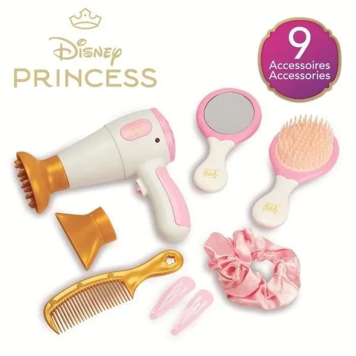 Smoby Set de Coiffure Disney Princesses - Sèche-cheveux Électronique avec Son et Lumière, Miroir, Brosse, Peigne - Jouet pour Enfants dès 3 ans