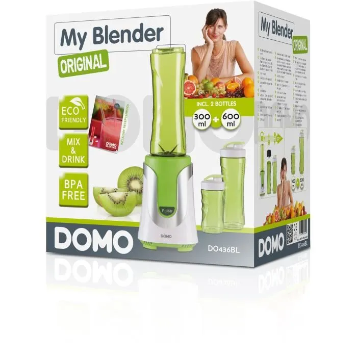 Domo DO436BL - Blender individuel Mix and Drink 300 W - Vert avec 2 bols réutilisables de 600 ml et 300 ml pour smoothies et milkshakes