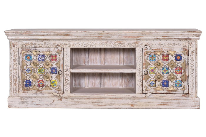 GINER Y COLOMER - Buffet TV en bois de manguier massif sculpté avec incrustations de céramique et bronce, finition blanc vieilli - 150x60x40 cm