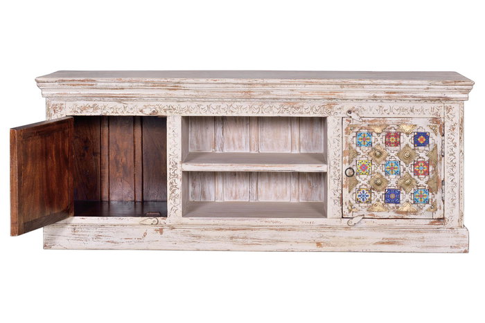 GINER Y COLOMER - Buffet TV en bois de manguier massif sculpté avec incrustations de céramique et bronce, finition blanc vieilli - 150x60x40 cm