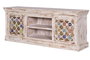 GINER Y COLOMER - Buffet TV en bois de manguier massif sculpté avec incrustations de céramique et bronce, finition blanc vieilli - 150x60x40 cm