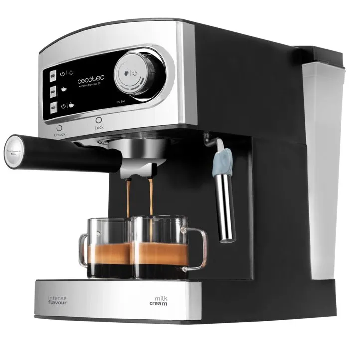 Cecotech Power Espresso 850 W 20 Bars 1,5 L Inox Noir Machine expresso 20 bars avec manomètre et buse vapeur orientable, réservoir 1,5 L, façade inox/noir.