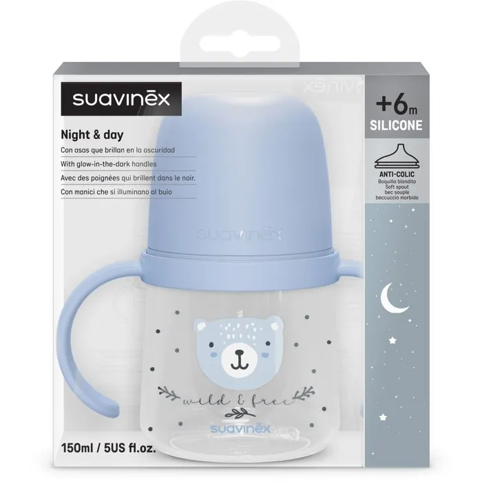 Suavinex Night&Day Wild&Free - Biberon avec anses en silicone doux - 150 ml - Dès 6 mois - Bleu