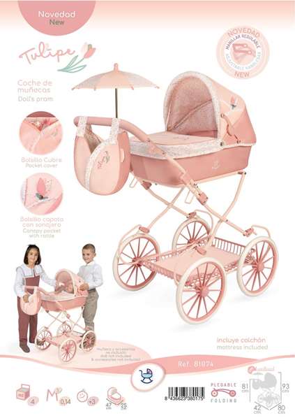 Decuevas - Landau de poupée pliable avec ombrelle et sac tulipe pour poupées jusqu'à 48 cm Decuevas - Landau de poupée pliable avec ombrelle et sac tulipe pour poupées jusqu'à 48 cm
