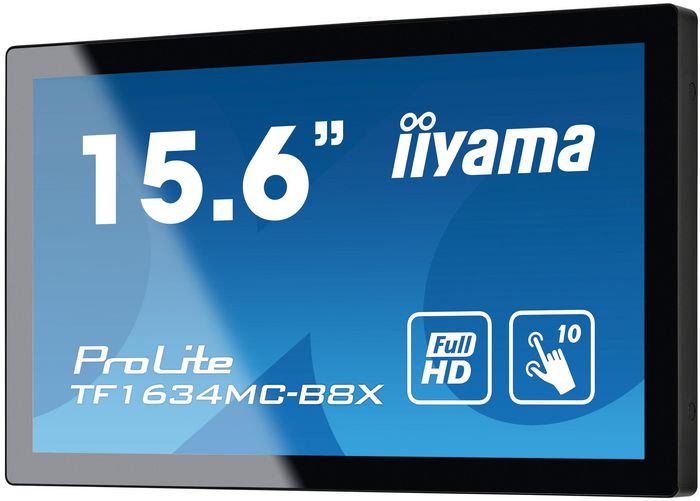 iiyama TF1634MC-B8X - Écran tactile PCAP IP65 15.6" Full HD IPS avec verre bord à bord, ports VGA, HDMI, DisplayPort, 16:9, 1920x1080, alimentation 12V DC, montage universel