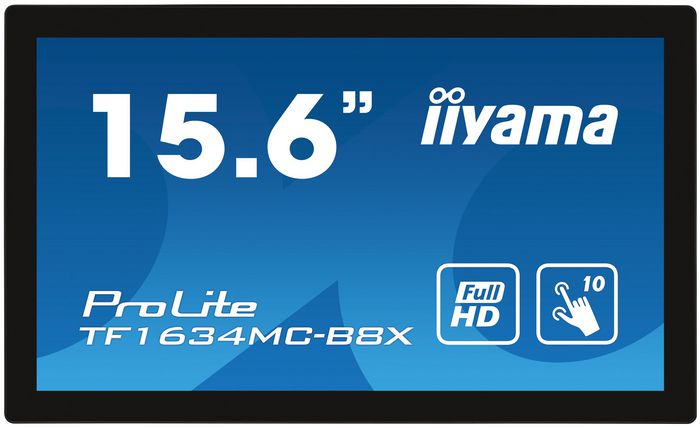 iiyama TF1634MC-B8X - Écran tactile PCAP IP65 15.6" Full HD IPS avec verre bord à bord, ports VGA, HDMI, DisplayPort, 16:9, 1920x1080, alimentation 12V DC, montage universel