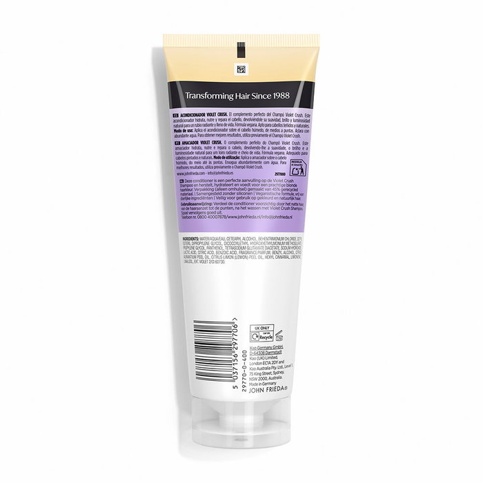 John Frieda Après-shampoing neutralisant Violet Crush 250 ml - Soin hydratant pour cheveux blonds, blonds teintés et platinés - Soin vegan sans silicone