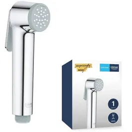 GROHE Pommeau de douche Vitalio à technologie anti-brûlure et économie d'eau, 1 jet, finition chromée anti-calcaire, flexible annelé, filetage 1/2"