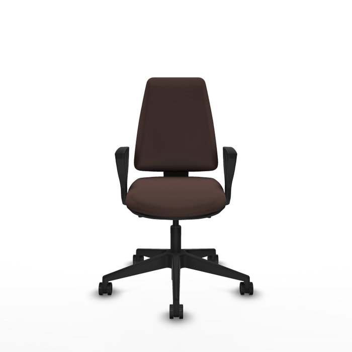 Chaise Elche Asynchrone Cuir écologique Marron foncé Base pyramidale noire Accoudoirs fixes Sans appui-tête Roulettes 65mm nylon