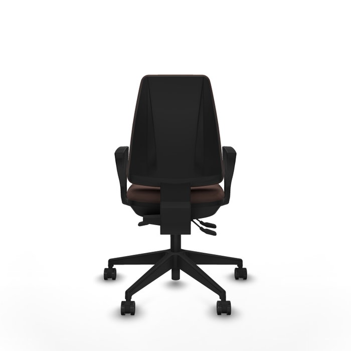 Chaise Elche Asynchrone Cuir écologique Marron foncé Base pyramidale noire Accoudoirs fixes Sans appui-tête Roulettes 65mm nylon