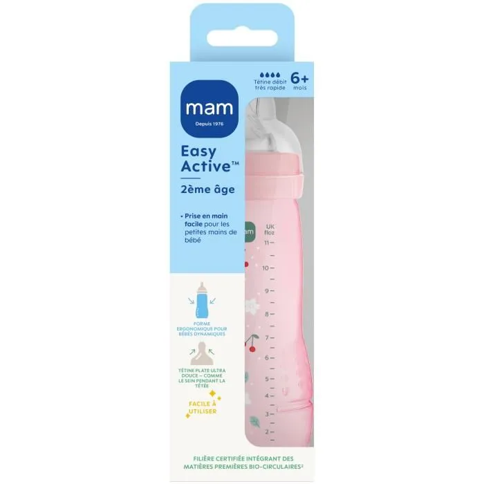 MAM - Biberon Easy Active 2ème âge - Pour bébés de +6 mois - 330 ml - Tétine débit X - Coloris Berry - Biberon ergonomique et éco-conçu MAM - Biberon Easy Active 2ème âge - Pour bébés de +6 mois - 330 ml - Tétine débit X - Coloris Berry - Biberon ergonomique et éco-conçu