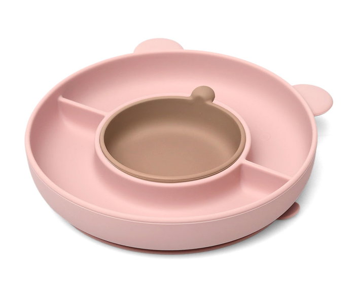 KioKids - Plato Kiokids Lovely Friends - Assiette en silicone pour bébé avec ventouse, compartiments et forme d'ours, pour Baby-Led Weaning (BLW) et diversification, rose, 6+ mois