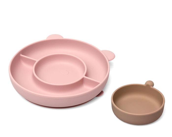 KioKids - Plato Kiokids Lovely Friends - Assiette en silicone pour bébé avec ventouse, compartiments et forme d'ours, pour Baby-Led Weaning (BLW) et diversification, rose, 6+ mois