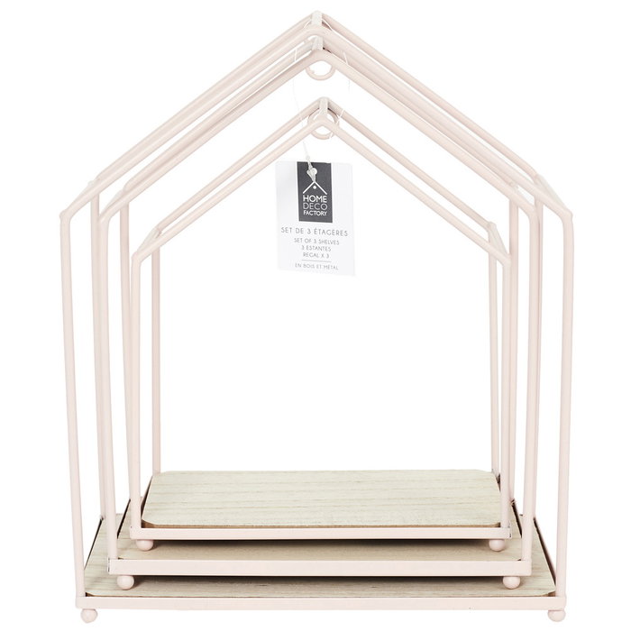 Home Deco Factory Lot de 3 étagères maison rose en métal et bois