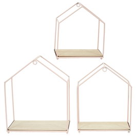 Home Deco Factory Lot de 3 étagères maison rose en métal et bois