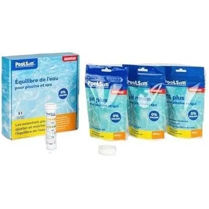 Poolsan - Kit de Traitement et d'Équilibre de l'Eau pour Piscine et Spa - pH+/pH-/TA+ 400g avec 25 Bandelettes de Test