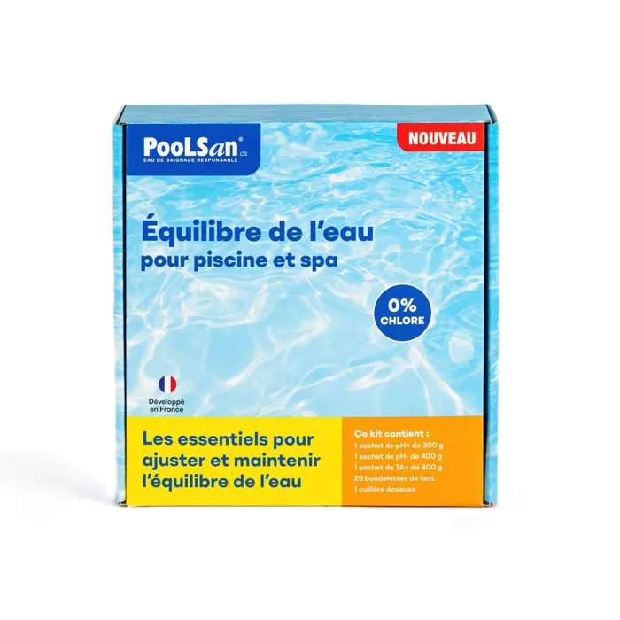 Poolsan - Kit de Traitement et d'Équilibre de l'Eau pour Piscine et Spa - pH+/pH-/TA+ 400g avec 25 Bandelettes de Test