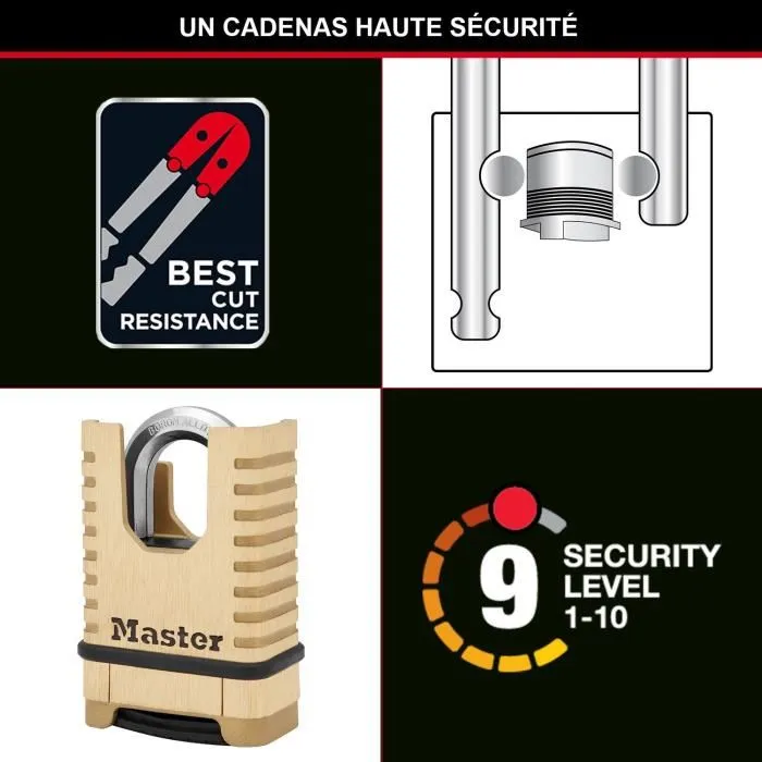 Master Lock M1177EURDCC - Cadenas à combinaison programmable en laiton massif haute sécurité, corps 58 mm, anse octogonale protégée, ultra-résistant