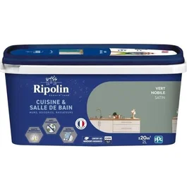 Ripolin Peinture Cuisine et Bain 2 L Vert Nobile, pour murs, boiseries, plafonds, radiateurs, effet perlant, anti-taches, anti-moisissures, bas carbone, biosourcée