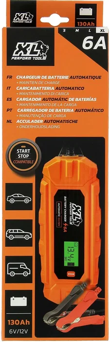 Xl Perform Tools Chargeur de batterie XLPT 6A 100W 12V pour voiture avec câble 3 m IP65, écran digital et mode Supply pour 6V/12V AGM, GEL, Lithium, Plomb