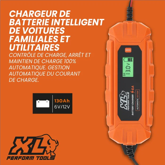 Xl Perform Tools Chargeur de batterie XLPT 6A 100W 12V pour voiture avec câble 3 m IP65, écran digital et mode Supply pour 6V/12V AGM, GEL, Lithium, Plomb