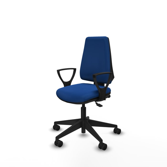 Chaise Elche Asynchrone Cuir écologique Bleu Base pyramidale noire Accoudoirs fixes Sans appui-tête Roulettes 65mm nylon