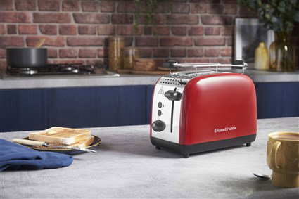 Russell Hobbs 26554-56 Toaster rouge Colours Plus - Toastage rapide 50%, fonction 'lever et voir', plateau à miettes amovible et chauffe-pain