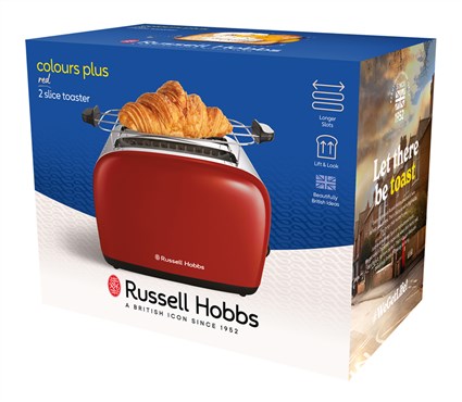 Russell Hobbs 26554-56 Toaster rouge Colours Plus - Toastage rapide 50%, fonction 'lever et voir', plateau à miettes amovible et chauffe-pain