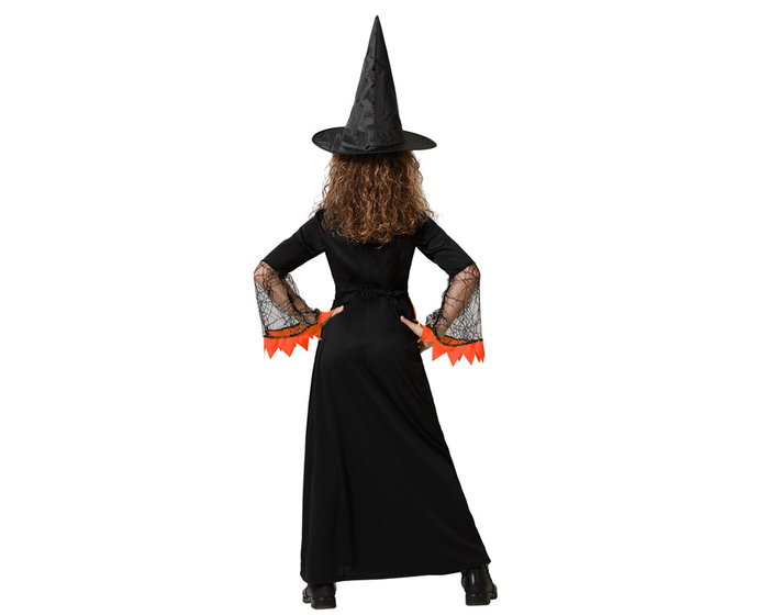 Disfraz Infantil - Déguisement d'Halloween de Sorcière pour Fille, Robe Longue Orange et Noir avec Chapeau, Taille 7-9 Ans