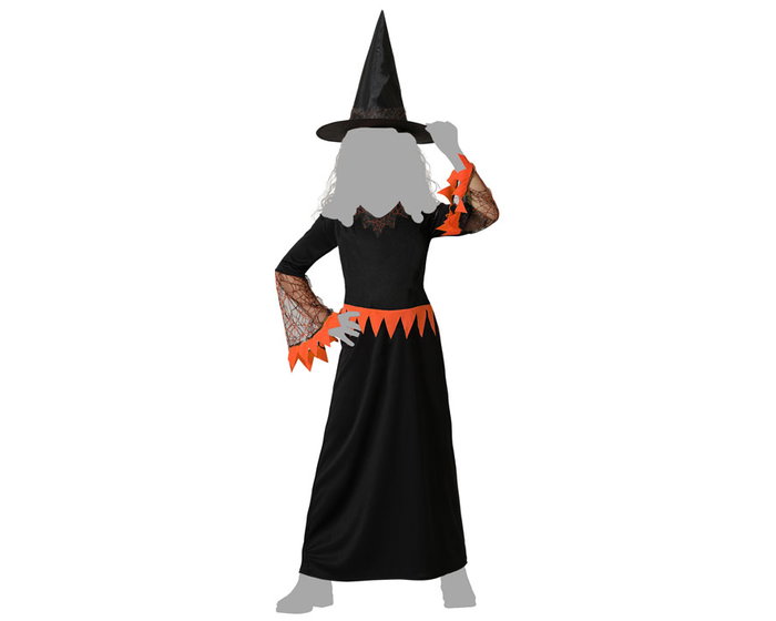 Disfraz Infantil - Déguisement d'Halloween de Sorcière pour Fille, Robe Longue Orange et Noir avec Chapeau, Taille 7-9 Ans