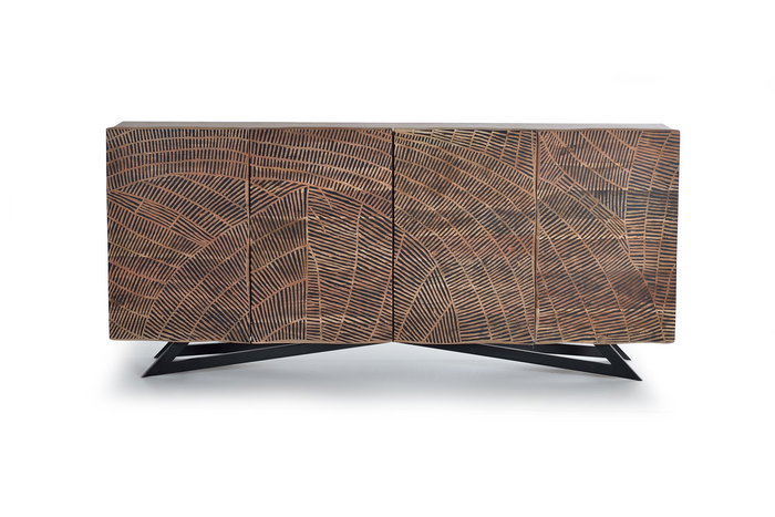 GINER Y COLOMER - Buffet 4 portes en acacia massif avec pattes en métal - Finition naturelle patinée - Dimensions : 200 x 90 x 40 cm