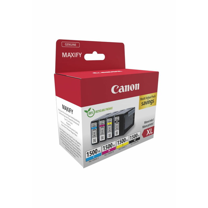 Canon PGI-1500XL - Multipack de 4 cartouches d'encre XL Noir, Cyan, Magenta, Jaune - Haut rendement pour imprimantes MAXIFY MB2050, MB2350, MB2150, MB2155, MB2750, MB2755 Canon PGI-1500XL - Multipack de 4 cartouches d'encre XL Noir, Cyan, Magenta, Jaune - Haut rendement pour imprimantes MAXIFY MB2050, MB2350, MB2150, MB2155, MB2750, MB2755