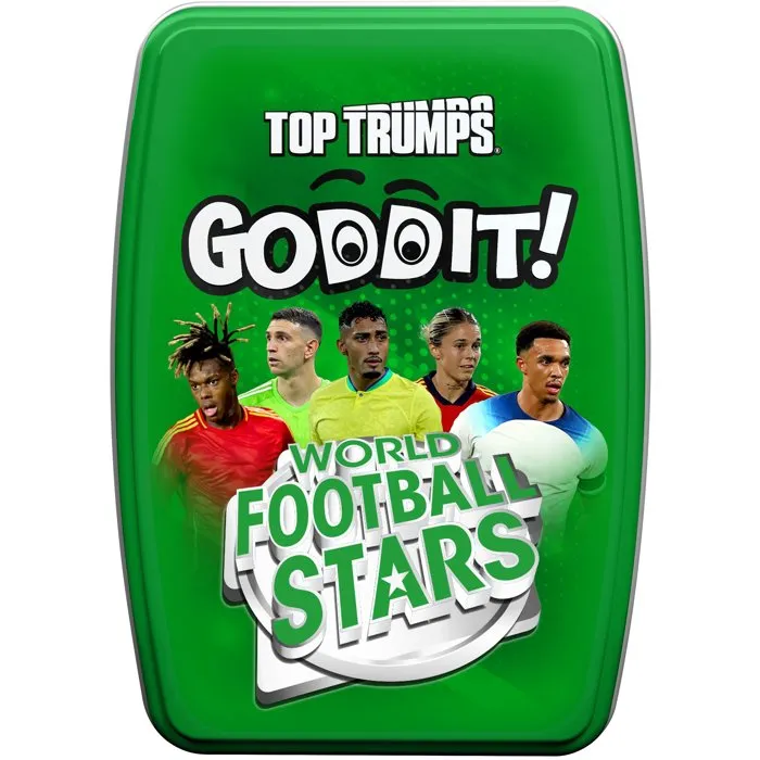 Winning Moves GODDIT - Top Trumps World Football Stars - Jeu de Cartes Énigmes Dynamiques - Boîte Métallique - 55 Défis Football - 1 à 6 Joueurs - Dès 6 Ans