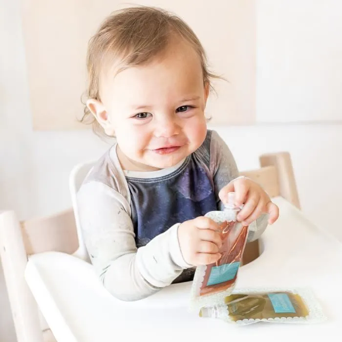 Infantino - Pack de 25 gourdes réutilisables 100 g - Compatibles Squeeze Station - Sans BPA, PVC, phtalates - Pour purées, yaourts, compotes maison