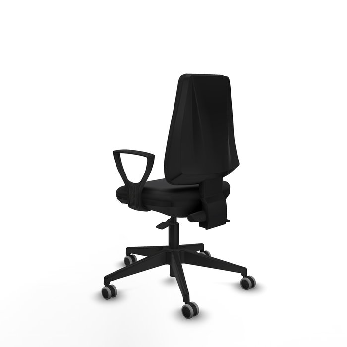 Chaise Elche Asynchrone Cuir écologique Noir Base pyramidale noire Accoudoirs fixes Sans appui-tête Roulettes 65mm pour moquette
