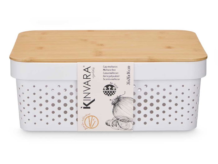 KINVARA Boîte multiusage perforée avec couvercle bambou, lot de 6, Blanc + Marron