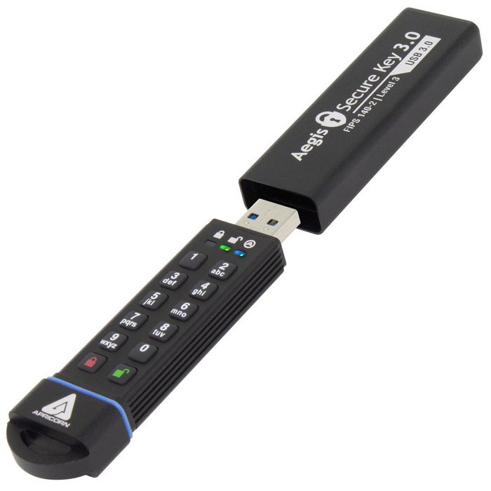 Apricorn Aegis Secure Key 3.0 - Clé USB sécurisée chiffrée 480 Go, USB 3.2 Gen1, résistance IP68, avec clavier numérique, certification FIPS 140-2 Niveau 3