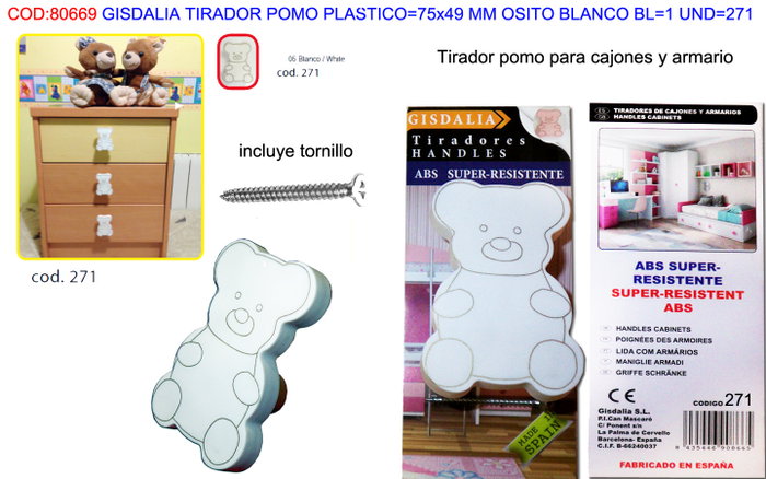 GISDALIA Finsto Bouton de Porte Plastique Blanc Motif Ours 75x49 mm GISDALIA Finsto Bouton de Porte Plastique Blanc Motif Ours 75x49 mm