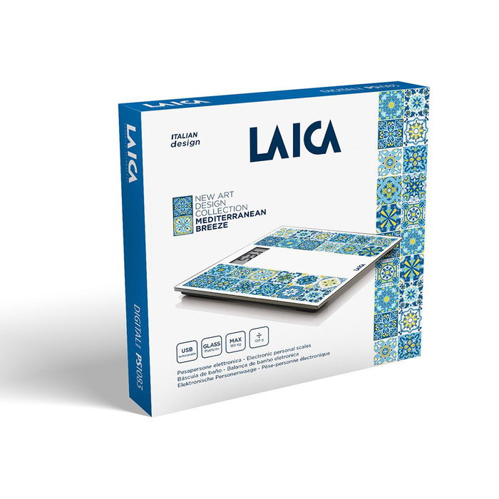 Laica Balance de Salle de Bain Électronique Rechargeable Cristal Trempé 180 kg Bleu USB