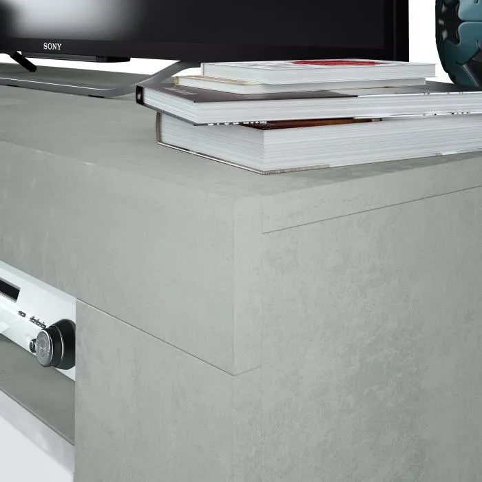 Ambit - Meuble TV contemporain effet béton et blanc Artik, 2 portes et 2 niches, 120 x 42 x 40 cm, MDF mélaminé, patins anti-rayures, fabrication européenne