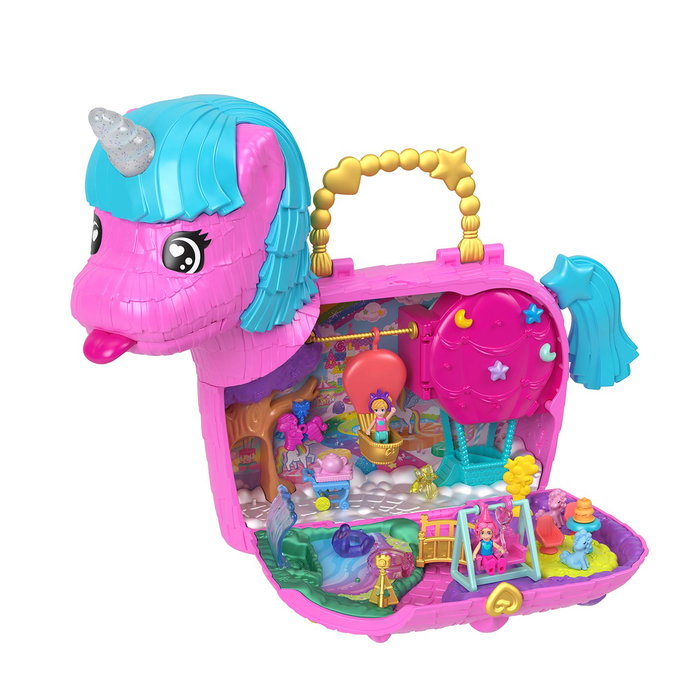 Mattel - Polly Pocket - Coffre Unicornio Partyland - Ensemble de jeu avec 2 poupées, 25 accessoires et surprises - Pour enfants dès 4 ans