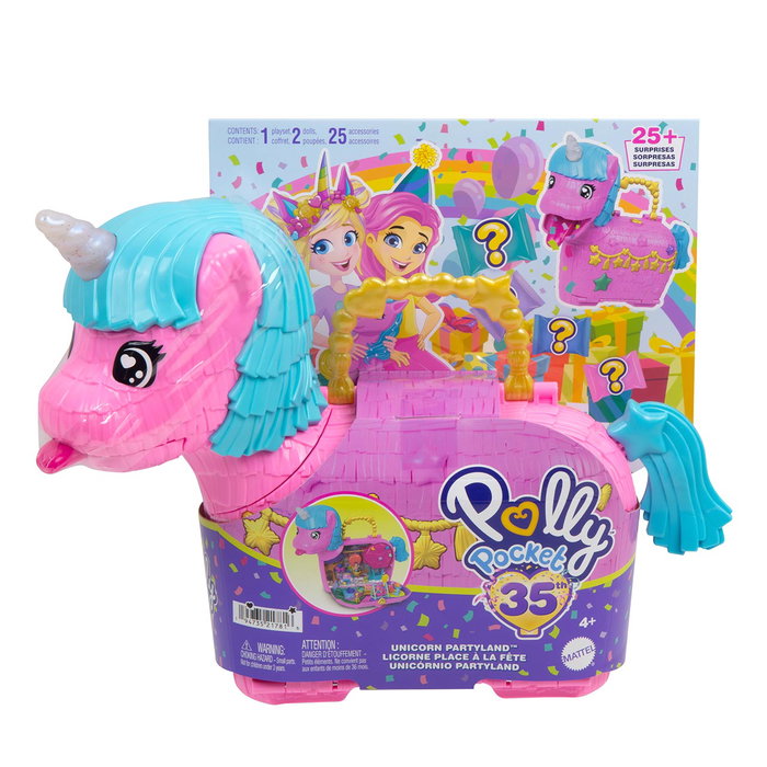 Mattel - Polly Pocket - Coffre Unicornio Partyland - Ensemble de jeu avec 2 poupées, 25 accessoires et surprises - Pour enfants dès 4 ans