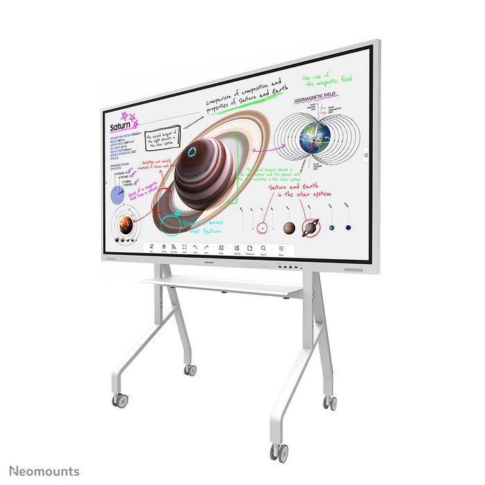Neomounts FL50-525WH1 Support au sol mobile pour écran plat/tactile 55 à 86", 4 roues à blocage, étagère multimédia incluse, réglable en hauteur, blanc