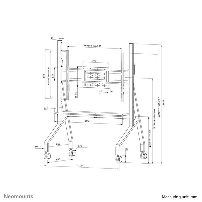 Neomounts FL50-525WH1 Support au sol mobile pour écran plat/tactile 55 à 86", 4 roues à blocage, étagère multimédia incluse, réglable en hauteur, blanc