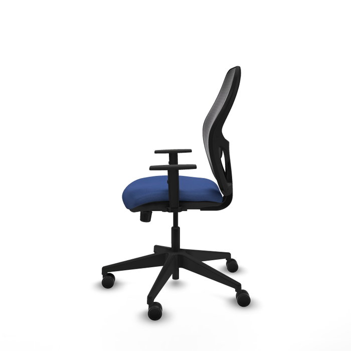 Chaise Alocén Synchro 3 positions tissu Bleu foncé Maille Noir Base pyramidale noire Accoudoir 1D Sans appui-tête Roulettes 65mm nylon