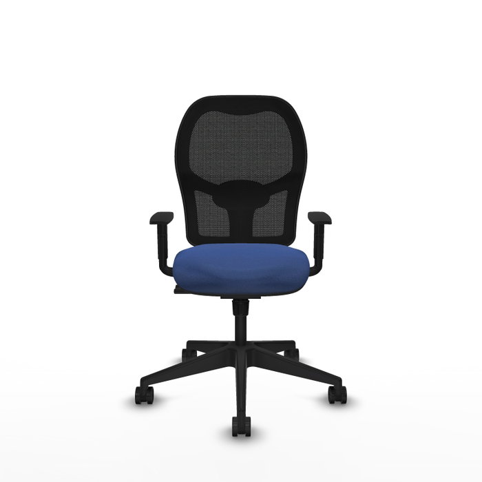 Chaise Alocén Synchro 3 positions tissu Bleu foncé Maille Noir Base pyramidale noire Accoudoir 1D Sans appui-tête Roulettes 65mm nylon