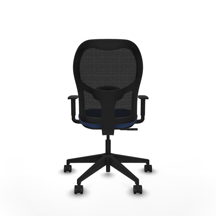 Chaise Alocén Synchro 3 positions tissu Bleu foncé Maille Noir Base pyramidale noire Accoudoir 1D Sans appui-tête Roulettes 65mm nylon
