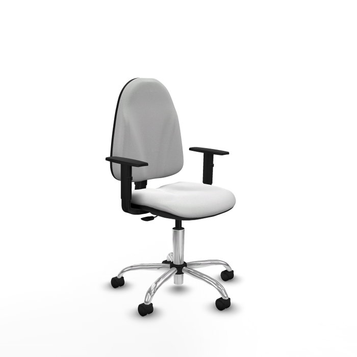 Chaise de bureau Algarra avec mécanisme de contact permanent de base, recouverte de tissu blanc. Équipée d'une base chromée, d'accoudoirs 1D et de roulettes en nylon de 50 mm Chaise de bureau Algarra avec mécanisme de contact permanent de base, recouverte de tissu blanc. Équipée d'une base chromée, d'accoudoirs 1D et de roulettes en nylon de 50 mm